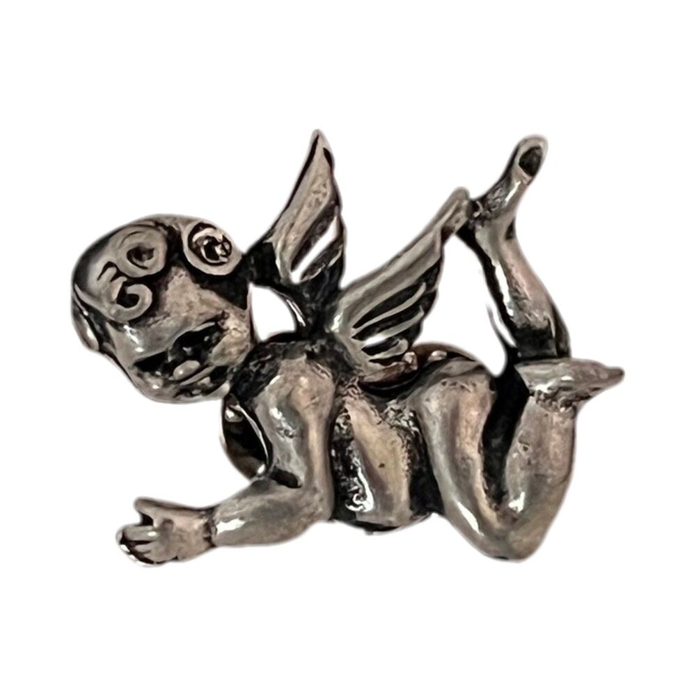 Vintage 1980s Cherub Angel Silver Tone Figural Multi Post Tac Pin - 1J
